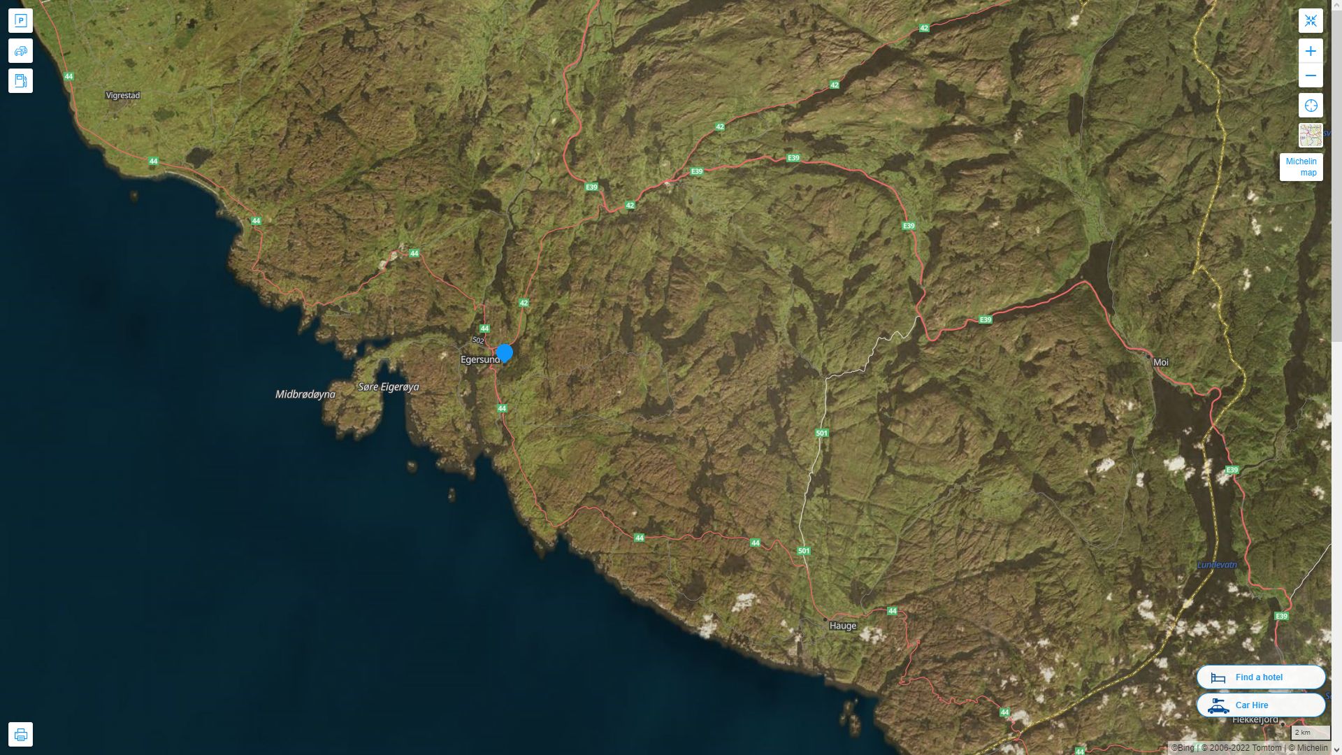 Egersund Norvege Autoroute et carte routiere avec vue satellite
